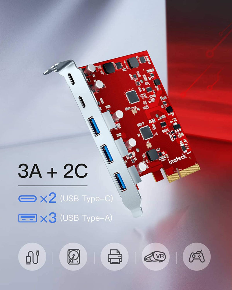 Inateck RedComets U21 USB 3.2 Gen 2 PCIe Card with 3 USB-A & 2 USB-C Ports (KU5211)