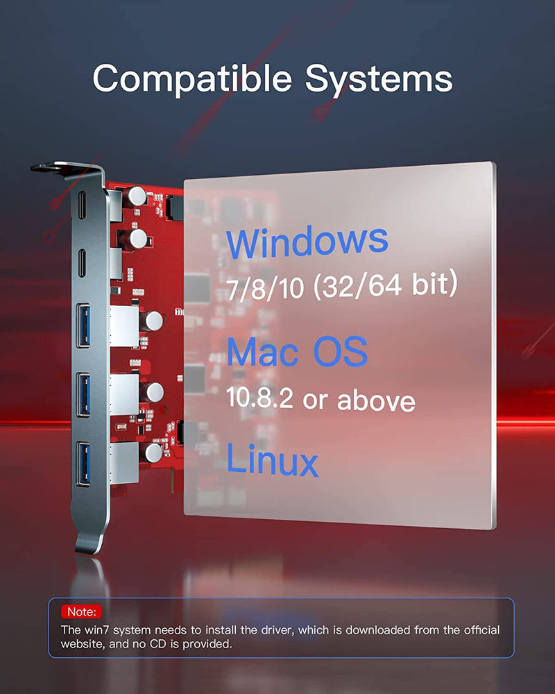 RedComets U25 USB 3.2 Gen 2 PCIe Card with 2 USB-C & 3 USB-A Ports (KU5211E)